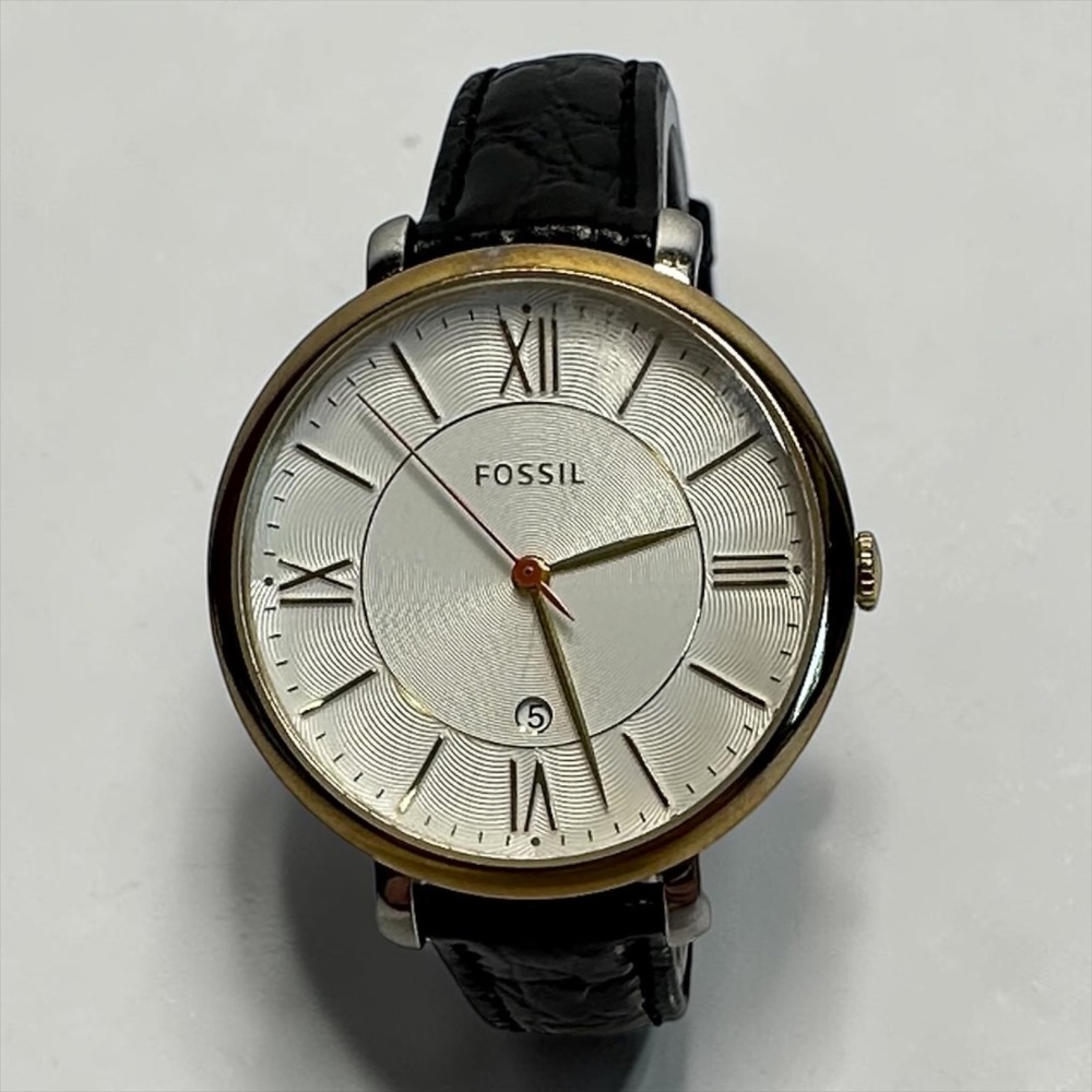 Fossil ES3737 Jacqueline Watch Womens 36mm Silver Black Leather Date Roman-WORKS
